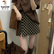 啄木鳥(niǎo)棋盤(pán)格子半身裙女秋季大尺碼高腰開(kāi)叉包臀一步裙胖M妹顯瘦a字短裙 黑咖色 【有內襯】 M