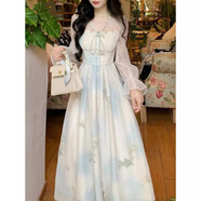 葉余溫柔風超仙優(yōu)雅系帶網紗云朵邊印花連衣裙氣質別致海邊沙灘度假裙 圖片色 L 【106-118斤】