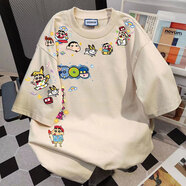 文頗100%純棉玫紅短袖t恤男女夏季爆款蠟筆小新設計感印花高級情侶上 180克-淺杏 L 建議110-125斤