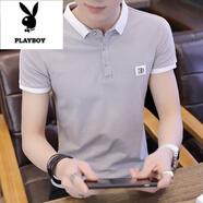 花花公子（PLAYBOY）短袖t恤男士夏季韓版潮流粉色polo衫潮牌翻領(lǐng)半袖上衣服學(xué)生體恤 701灰色 L