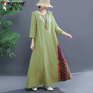 啄木鳥(niǎo)棉麻連衣裙女2025春夏新款七分袖民族風(fēng)拼接大碼連衣裙200斤可穿 綠色 XL