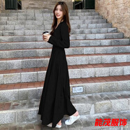 萱眸2024年新款高個(gè)子春秋超長(cháng)款連衣裙女腳踝氣質(zhì)大碼女裝拖地長(cháng)裙子 黑色 XL 123-134斤