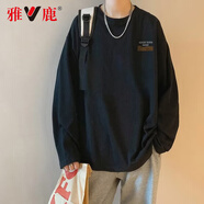 雅鹿純棉長(zhǎng)袖T恤男港風(fēng)潮牌寬松圓領(lǐng)夏季薄款體恤棉T潮流男女同款 396款黑色-純棉 5XL 【建議體重190-205斤】