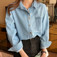 伊薇衣牛仔襯衫女復古港味中長款2025春秋新款薄款襯衣美式休閑上衣外套 淺藍色 M