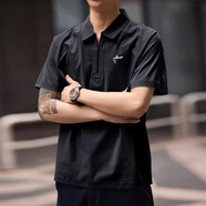 古先森短袖t恤男翻領(lǐng)半拉鏈2025夏季寬松休閑POLO衫體恤衫男裝上衣服潮 黑色 M 【推薦體重100-120斤】