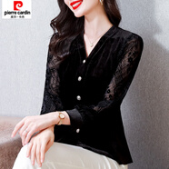 皮爾卡丹（pierre cardin）金絲絨V領(lǐng)t恤女秋冬新款洋氣媽媽修身上衣氣質(zhì)收腰打底衫 1246黑色質(zhì)量 M 建議90-105斤
