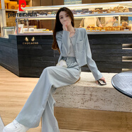 皮爾卡丹（pierre cardin）早秋穿搭一整套女裝職業(yè)小香風減齡氣質(zhì)網(wǎng)紅炸街闊腿褲兩件套顯瘦 藍色套裝 XL （建議120-135斤）