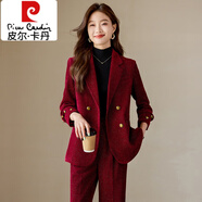 皮爾卡丹（pierre cardin）燈芯絨小西裝外套女秋冬加厚夾棉高級感輕奢女人味金絲絨西服套裝 【單件春秋】紅色西裝外套 (85-95斤) S