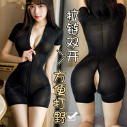 洛蔓希 情趣內衣 性感開(kāi)檔露胸 SM制服誘惑緊身連體衣 長(cháng)拉鏈短褲情趣誘惑套裝 黑色