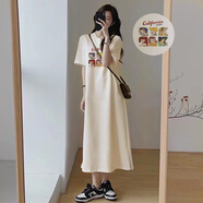 JRET連衣裙女夏天2025新款夏季短袖t恤裙子韓版寬松大碼開叉過膝長裙 奶茶色(復古公主) L :105-125