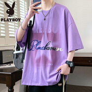 花花公子（PLAYBOY）短袖t恤男夏季2025年新款五分半袖男寬松上衣服青少年中袖體恤衫T LF2011紫色 M 約85~110斤可穿