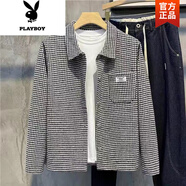花花公子（PLAYBOY）2025格子痞帥夾克男秋冬季新款韓版潮流修身加厚男裝百搭休閑外套 加厚 T39毛呢格子黑色外套 XL 適合125-140斤左右