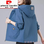皮爾卡丹（pierre cardin）中年媽媽裝連帽短外套女春秋新款休閑大碼寬松洋氣減齡夾克 藍(lán)色 2XL 135-145斤
