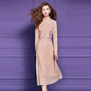 菲夢(mèng)伊木耳邊釘珠亮片襯衫連衣裙女春季感時(shí)尚貴氣收腰中長(cháng)裙 卡其色 S