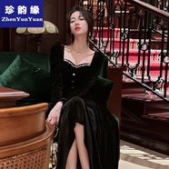 珍韻緣絲絨連衣裙女法式復(fù)古赫本風(fēng)絲絨連衣裙手工鉆方領(lǐng)春秋新款 黑色長款 L