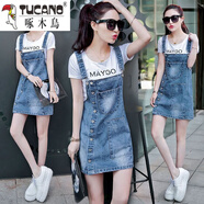 啄木鳥新款牛仔背帶褲女夏天新款時尚休閑吊帶短褲高腰顯瘦牛仔褲闊腿褲 903#背帶 S碼【建議80-100斤】