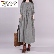 啄木鳥(niǎo)意大利品牌出口尾貨剪標中長(cháng)款棉麻連衣裙格子亞麻襯衫裙 春秋款/長(cháng).袖(少量) L 建議110-130斤