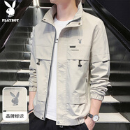 花花公子（PLAYBOY）外套男沖鋒夾克男裝春季男士休閑工裝連帽潮流上衣服 卡其 XL