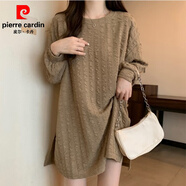 皮爾卡丹（pierre cardin）中長(cháng)款T恤胖MM洋氣百搭小眾設計開(kāi)叉長(cháng)袖大碼女2025秋季顯瘦正肩 卡其色【大碼胖mm巨顯瘦上衣/今 XL 建議118-136斤