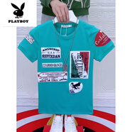 花花公子（PLAYBOY）2025夏季字母短袖t恤男韓版貼布網(wǎng)紅男上衣刺繡半袖新品 綠色貼布 XL 100-115斤