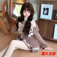 美安嘉洛麗塔焦糖可可秋冬季棕色套裝女學院風上衣拼接格子蛋糕裙兩件套 一字肩上衣+蓬蓬短裙兩件套 S 建議90斤以內
