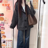 乖甜星韓系灰色連帽毛衣外套開衫女秋冬加厚百搭寬松顯瘦慵懶風(fēng)針織衫女 灰色 M 建議95-105斤