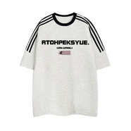 卡圖弛美式條紋拼接純棉短袖t恤男夏季寬松潮流五分半袖高街重磅體恤衫 白灰色 L