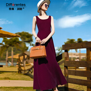 帝弗·潤馳2025年夏季長(cháng)款連衣裙a字裙紅色亮絲吊帶背心長(cháng)裙打底裙拖地裙子 紫紅色 L