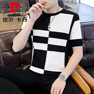 皮爾卡丹（pierre cardin）男式針織短袖T恤夏季高端修身冰絲圓領(lǐng)上衣薄款休閑格子半袖體恤 1607黑色 M