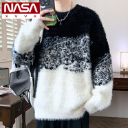 NASA XVVX加絨毛衣男秋冬款圓領(lǐng)軟糯毛線衣服保暖冬裝拼色青少年針織衫 9329黑色 L 約105~125斤可穿