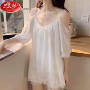 浪莎（LangSha）睡衣夏天女一字領(lǐng)露肩兩件套可愛(ài)睡衣露肩睡裙蕾絲白色居家服花邊 一字肩網(wǎng)紗套裝 2XL 建議130-145斤