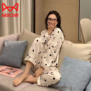 貓人（MiiOW）新款睡衣女春秋款夏季長(cháng)袖家居服套裝冰絲綢薄款性感甜美花邊睡衣 YX8211波點(diǎn)長(cháng)袖 M 80-斤