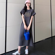 BMOI夏季短袖慵懶T恤過(guò)膝長(cháng)裙女休閑時(shí)尚韓版寬松大碼飛飛袖連衣裙潮 1032深灰色(高品質(zhì) 好質(zhì)量) 2XL 建議141到170斤穿