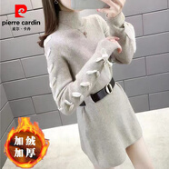 皮爾卡丹（pierre cardin）毛衣女中長(cháng)款寬松長(cháng)袖針織連衣裙女士外穿加絨打底衫潮2025秋冬款 卡其色  【全身加絨】腰帶 M 90-105