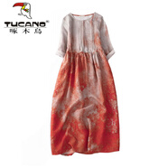 啄木鳥(niǎo)（TUCANO）亞麻連衣裙出口法國品牌女裝森系印花苧麻長(cháng)袍五分袖棉麻裙子 桔色 2XL【建議140-160斤】
