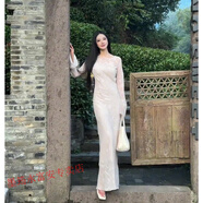 墨筠長款連衣裙到腳踝長袖秋季法式碎花女早新款感氣質(zhì)收腰修身裙子 白色長袖連衣裙 現(xiàn)貨直發(fā) l