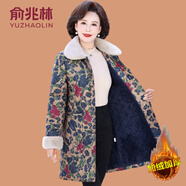 俞兆林（YUZHAOLIN）媽媽冬裝外套中長(cháng)款棉大衣大碼中老年女加絨加厚棉襖保暖棉服 327-藍色花 2XL (參考105-120斤)