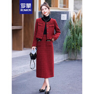 羅蒙紅色小香風連衣裙套裝女2023秋冬新款氣質(zhì)毛呢半身裙子外套兩件裝 紅色 L 推薦 100-110斤