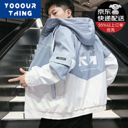 YOOOURTHING夾克外套男春秋冬季加絨加厚連帽韓版潮流青少年拼色裝休閑上衣服 淺藍色 常規 XL (建議110-135斤)
