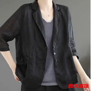 美安嘉七分袖洋氣小衫寬松遮陽(yáng)棉麻小西裝上衣春夏新款純色休閑西服外套 黑色 XL 126-140斤