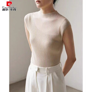 皮爾卡丹（pierre cardin）法式半透明黑色天絲針織衫短袖t恤夏感正肩無袖冰絲上衣薄 杏色 L