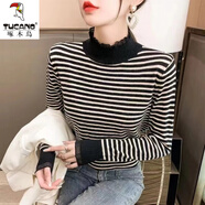 啄木鳥2024秋冬新款針織打底衫女毛衣洋氣條紋寬松高領(lǐng)百搭蕾絲時尚上衣 黑色條紋 M 95-110斤
