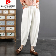 皮爾卡丹（pierre cardin）貼布蕾絲民族風(fēng)純l棉休閑褲女復(fù)古大碼寬松百搭修身松緊腰哈倫褲 白色 M 建議(105斤)