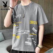 花花公子（PLAYBOY）夏季純棉短袖T恤男士冰絲薄款透氣半袖t潮流牌情侶學(xué)生大碼上衣服 20灰色 XL 【建議140-155斤】
