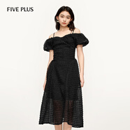 FIVE PLUS一字肩吊帶連衣裙女海島度假收腰中長裙2025新款女春裝黑色XS