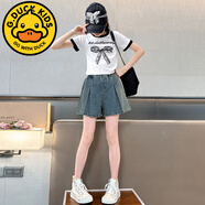 G.duck小黃鴨女童夏季套裝2025新款中大童短袖洋氣兩件套夏天兒童牛仔短 蝴蝶結短袖+短褲 120
