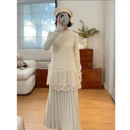 漫蔻依杏色氛圍感蕾絲裙擺花邊長(cháng)袖T恤女裝春秋疊穿打底衫絕美別致上衣 米色 M