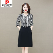 皮爾卡丹連衣裙女夏季新款中年媽媽裝連衣裙時(shí)尚百搭遮肚假兩件裙子女 花色1 條紋款 XL 建議85-105斤