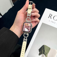 NSND適用蘋果手表S11表帶凱蒂貓金屬閃鉆拼皮applewatchS10高級iwatch9/8/7/6/5/4ultra12替換腕帶女款 米白鑲鉆kitty貓拼皮 42MM適用于iwatch S11/10