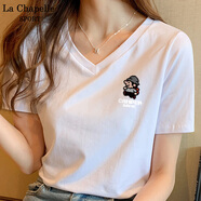 La Chapelle Sport拉夏貝爾黑色短袖t恤女早春寬松休閑v領顯瘦體恤抗菌高級感上衣女 白色(像素游戲胸標) M /160(推薦100-115斤)